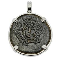 Greek 120-63 BC, Medusa and Nike bronze coin in 14k white gold pendant.