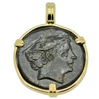 Roman 217-215 BC, Mercury and galley prow semuncia in 14k gold pendant.