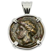 Greek Syracuse 317-310 BC, Persephone and Bull with Dolphin bronze coin in 14k white gold pendant.