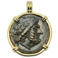 Greek 241-210 BC, Zeus and thunderbolt bronze dekonkion coin in 14k gold pendant.