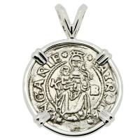 Hungarian dated 1547, Madonna and Child denar coin in 14k white gold pendant. 