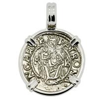 Hungarian dated 1549, Madonna and Child denar coin in 14k white gold pendant. 