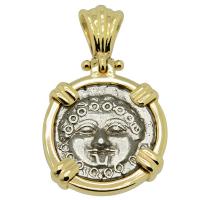 Greek 425-375 BC, Gorgon and anchor tetrobol in 14k gold pendant.