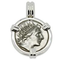 Greek 88-84 BC, Sun God Helios and rose drachm in 14k white gold pendant.