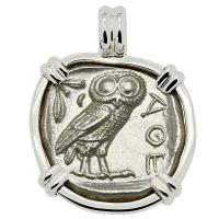 Greek 454-404 BC, Owl and Athena tetradrachm in 14k white gold pendant.