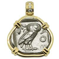 Greek 454-404 BC, Owl and Athena tetradrachm in 14k gold pendant with diamonds.