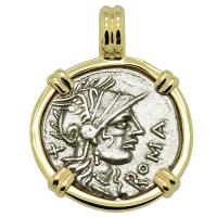 Roman Republic 116-115 BC, Roma and Jupiter chariot denarius in 14k gold pendant. 