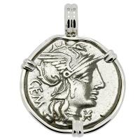 Roman Republic 132 BC, Roma and Sol chariot denarius in 14k white gold pendant. 