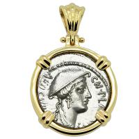 Roman Republic 55 BC, goddess Diana and Cretan Goat denarius in 14k gold pendant.