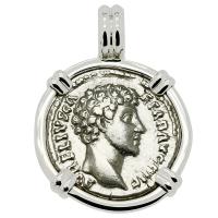 Roman Empire AD 145-147, Marcus Aurelius as Caesar denarius in 14k white gold pendant.