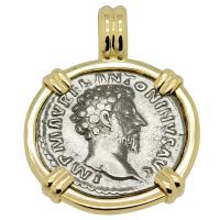 Roman Empire AD 161, Marcus Aurelius and Concordia denarius in 14k gold pendant.