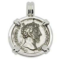 Roman Empire AD 164-165, Marcus Aurelius and Mars denarius in 14k white gold pendant.