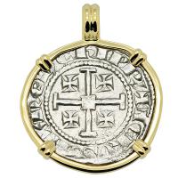 Cyprus 1285-1310 Henry II, last ruling King of Jerusalem, gros grand Crusader coin in 14k gold pendant.