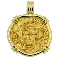 Spanish 1516-1556, Johanna and Charles I one escudo in 18k gold pendant.