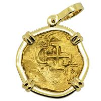 Spanish 2 escudos Doubloon 1598-1613, in 14k gold pendant.