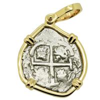 Colonial Spanish Peru, King Charles II one real dated 1687, in 14k gold pendant.
