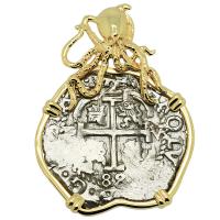 Colonial Spanish Peru, King Charles II two reales dated 1688, in 14k gold octopus pendant.