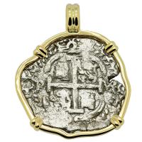Colonial Spanish Peru, King Charles II two reales dated 1695, in 14k gold pendant.