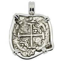Colonial Spanish Peru, King Charles II two reales dated 1699, in 14k white gold pendant.