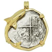 Spanish 8 reales 1598-1621, in 14k gold shark pendant, 1622 Portuguese Shipwreck, Mozambique, Africa.