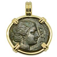 Greek Syracuse 317-289 BC, Artemis and winged lightning bolt bronze litra coin in 14k gold pendant.
