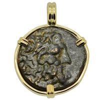 Greek 133-27 BC, God of Medicine Asclepius bronze coin in 14k gold pendant.