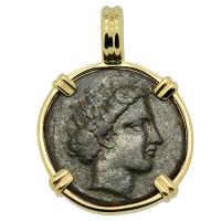 Greek 380-337 BC, Nymph Larissa and Horse bronze dichalkon in 14k gold pendant.