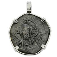 Byzantine 1078–1081, bronze follis in 14k white gold pendant.