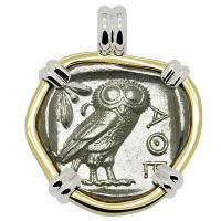 Greek 454-404 BC, Owl and Athena tetradrachm in 14k white and yellow gold pendant.