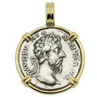 Roman Empire AD 177-178, Marcus Aurelius and Mars denarius in 14k gold pendant.