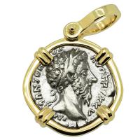 Roman Empire AD 171, Marcus Aurelius denarius in 14k gold pendant.