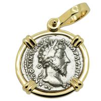 Roman Empire AD 166-169, Marcus Aurelius and Pax denarius in 14k gold pendant.
