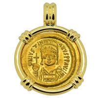 Byzantine AD 538-545, Justinian the Great gold solidus in 18k gold pendant.