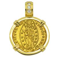 Venice 1367-1382, Jesus Christ and Saint Mark ducat in 18k gold pendant with diamonds.