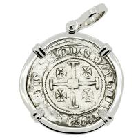 Cyprus 1285-1324 Henry II, last ruling King of Jerusalem, gros grand Crusader coin in 14k white gold pendant.
