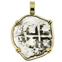 Colonial Spanish Peru, King Philip V one real dated 1706 in 14k gold pendant.
