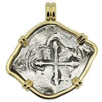 Spanish 4 reales dated 1639 in 14k gold pendant, 1641 Shipwreck Silver Shoals Dominican Republic. 