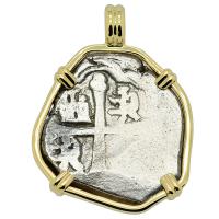 Spanish 4 reales 1700-1715, in 14k gold pendant, 1715 Treasure Fleet Shipwreck, Florida.