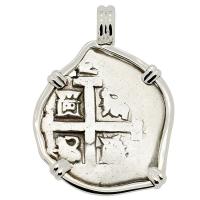 Colonial Spanish Peru, King Philip V two reales dated 1731, in 14k white gold pendant.