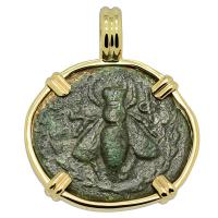 Greek Ephesus 190-150 BC, Bee and Stag bronze coin in 14k gold pendant.