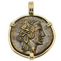Greek 120-63 BC, God of Wine Dionysus and Cista Mystica bronze coin in 14k gold pendant.