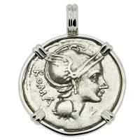 Roman Republic 109-108 BC, Roma and Victory chariot denarius in 14k white gold pendant. 