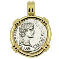 Roman Empire 2 BC - AD 4, Emperor Caesar Augustus denarius in 14k gold pendant.