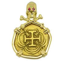 Spanish 2 escudos Doubloon 1621-1665, in 18k gold skull and bones pendant with rubies.
