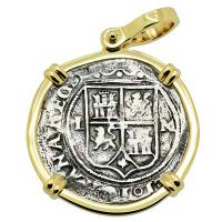 Colonial Spanish Mexico, Johanna and Charles I one real 1548-1553, in 14k gold pendant.