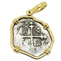 Spanish 1 real 1598-1621, in 14k gold pendant.