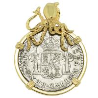 Spanish 2 reales dated 1775 in 14k gold Octopus pendant, The 1784 Shipwreck that Changed America.