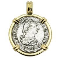 Spanish 1 real dated 1783 in 14k gold pendant, The 1784 Shipwreck that Changed America.