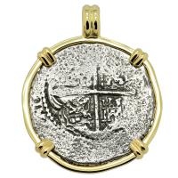 Spanish 4 reales 1651-1652, in 14k gold pendant, 1654 Shipwreck Chanduy, Ecuador. 