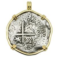 Spanish 8 reales 1649-1651, in 14k gold pendant, 1654 Shipwreck Chanduy, Ecuador. 